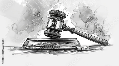 black an white sketch of hammer Law theme, gavel or mallet of the judge, Judges gavel hammer for adjudication of sentences and bills, with a wooden stand. Law and justice concept.