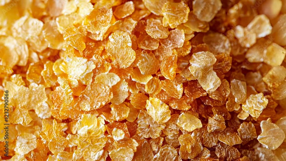 Close up view of nutritional yeast flakes, creating a vibrant and textured backdrop with potential use in food and health related visuals video Close up view of nutritional yeast flakes, creating a vibrant and textured backdrop with potential use in food and health related visuals video