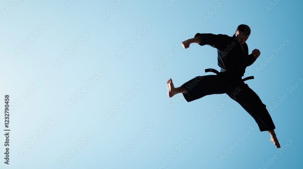 Dynamic Silhouette of Martial Artist Performing a High Kick Against a Clear Blue Sky Dynamic Silhouette of Martial Artist Performing a High Kick Against a Clear Blue Sky
