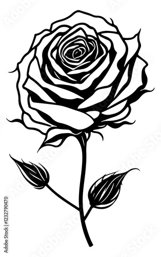 A black and White Single Rose Sketch Isolated on a White Background