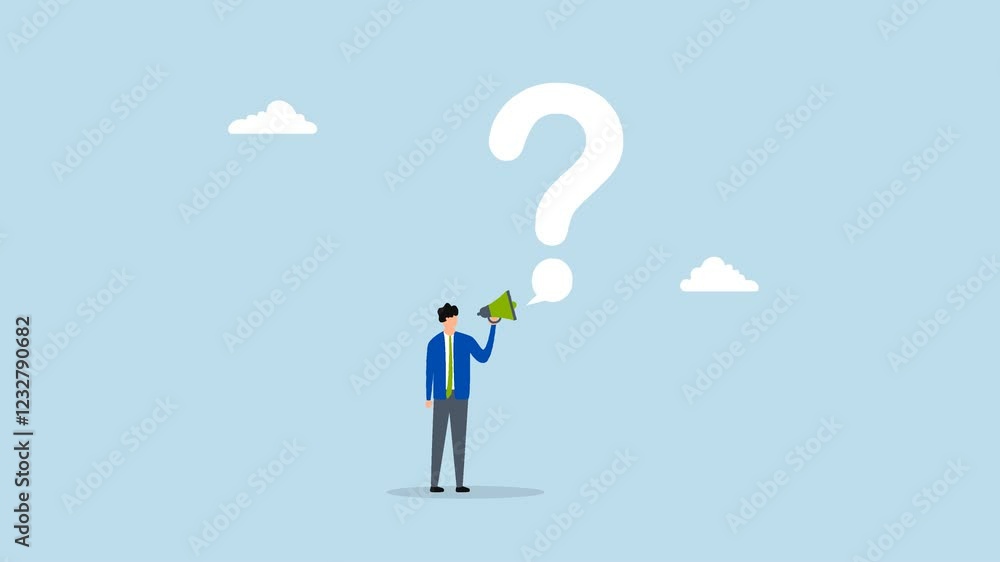 Ask question for answer, 4k animation of entrepreneur using megaphone inquiring with speech bubble featuring large question mark. Ask question for answer, 4k animation of entrepreneur using megaphone inquiring with speech bubble featuring large question mark.