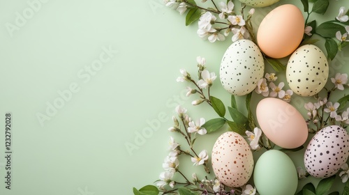 Elegant Arrangement of Colorful Easter Eggs Surrounded by Blossoming Flowers on Soft Green Background for Spring Celebrations