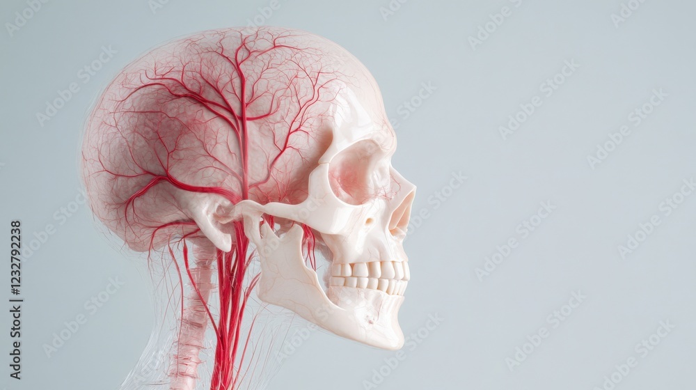 Naklejka premium human skull with blood vessels and arteries, anatomy model
