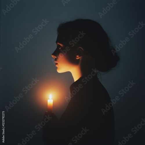 woman holding a lit candle in profile view in a dark room