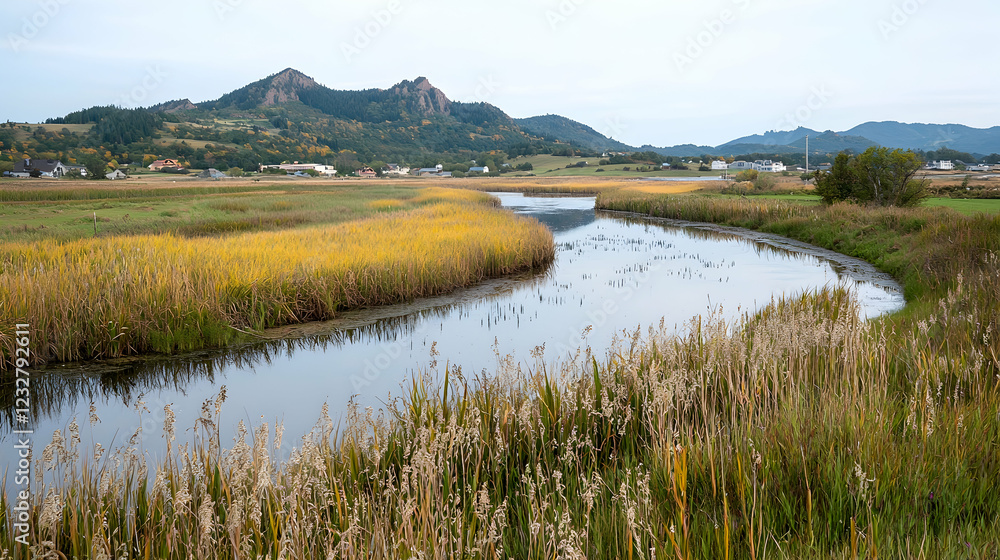 Autumn river landscape, birds, mountains, village background, nature photography Autumn river landscape, birds, mountains, village background, nature photography