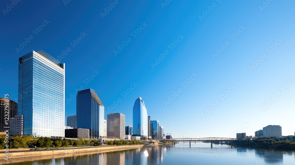 Naklejka premium Modern Urban Riverfront with Sleek Architecture Under Clear Blue Sky and Reflective Water