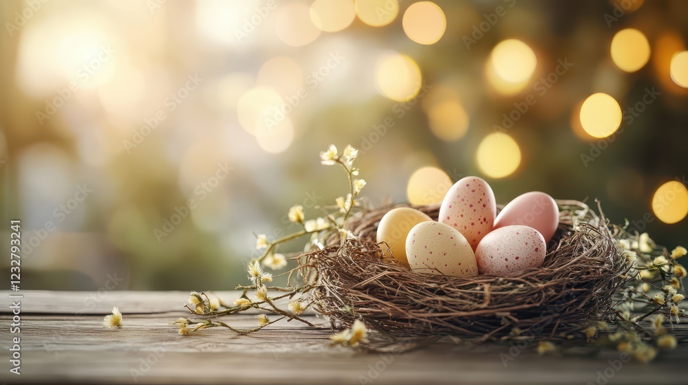 Obraz premium Bright and Cheerful Easter Composition with Natural Elements Featuring Colorful Eggs in Nest on Wooden Table Surrounded by Spring Blooms and Bokeh Background
