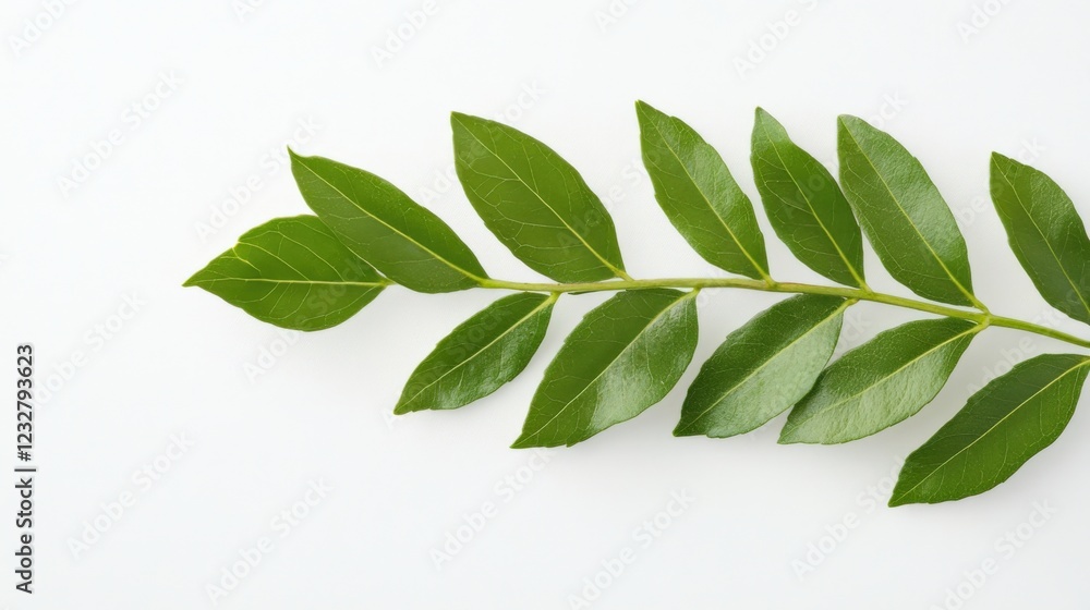 Fototapeta premium fresh green curry leaves on a white background