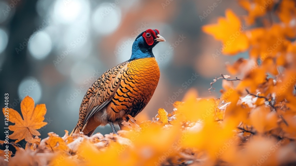Fototapeta premium Colorful pheasant in autumn leaves, forest background, nature scene