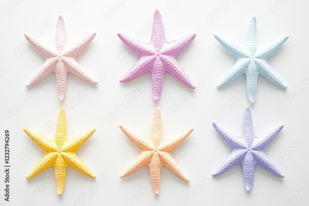 pastel colored starfish on white background pastel colored starfish on white background