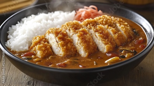 Steaming bowl of Japanese curry served over white rice crispy katsu chicken