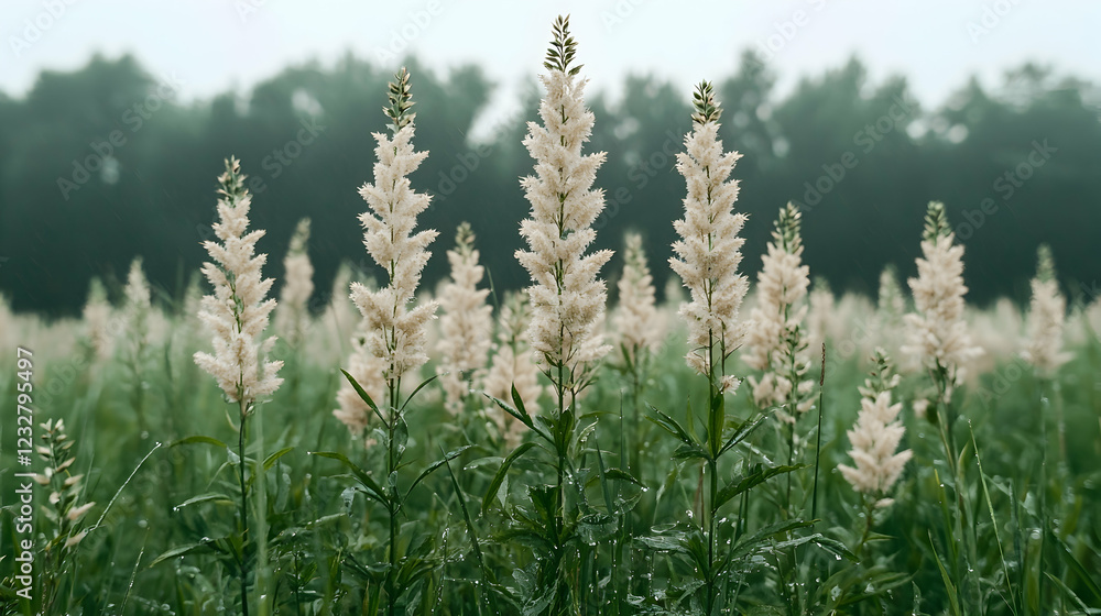 Misty field of tall white wildflowers, green background, nature photography, calming mood Misty field of tall white wildflowers, green background, nature photography, calming mood
