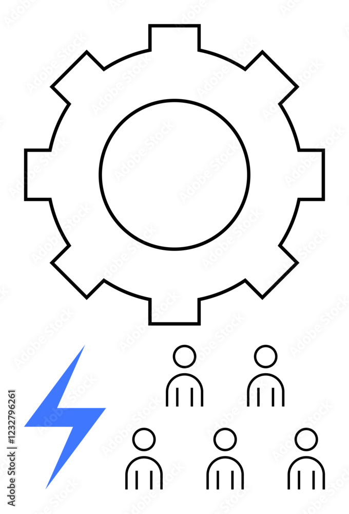 Central gear lightning bolt, and five people icons. Ideal for teamwork, collaboration, power, technology, industry, engineering, innovation. Line metaphor Central gear lightning bolt, and five people icons. Ideal for teamwork, collaboration, power, technology, industry, engineering, innovation. Line metaphor