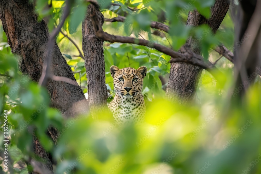 Obraz premium A Stealthy Leopard Gazes Through Lush Green Foliage, Showcasing the Beauty of Wildlife and Nature in Its Natural Habitat During Daylight Hours