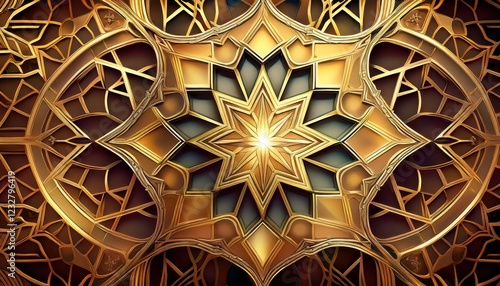 Radiant Islamic Geometric Star Abstraction GoldEncrusted Symmetry Unveils Intriguing, Timeless Beauty in a Mesmerizing Pattern. photo