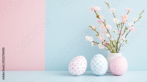 Soft Pastel Spring Scene Featuring Decorative Easter Eggs and Delicate Flowers in a Subtle and Colorful Arrangement