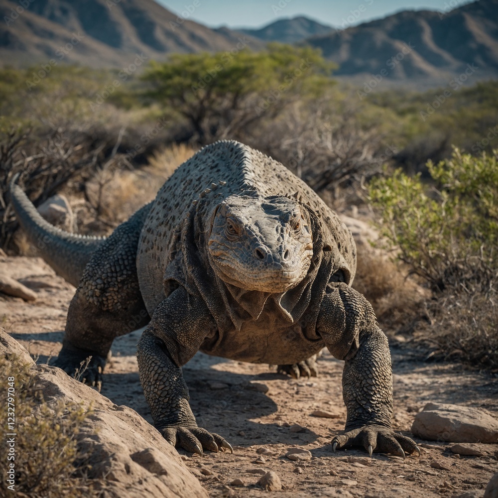 Fototapeta premium Komodo Dragon Walking Across a Rocky Path. 