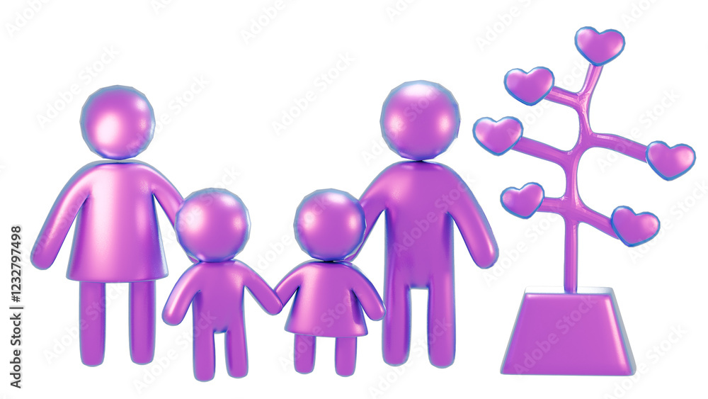 Vibrant minimalist family with heart tree in purple tones Vibrant minimalist family with heart tree in purple tones