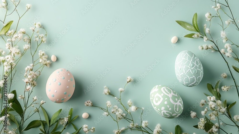 Fototapeta premium Soft and Airy Spring Layout Featuring Pastel Easter Eggs Surrounded by Delicate Blooms on a Mint Green Background