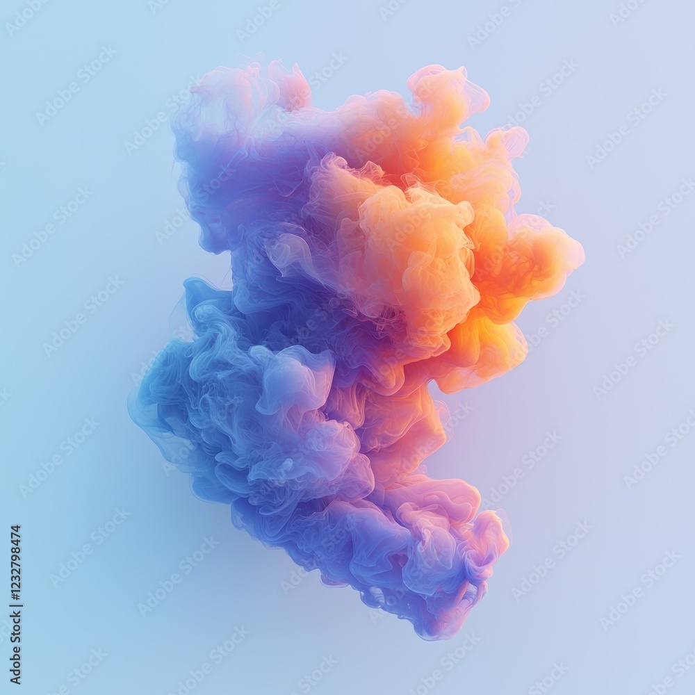 Colorful ink cloud dispersing in water against a light blue backdrop