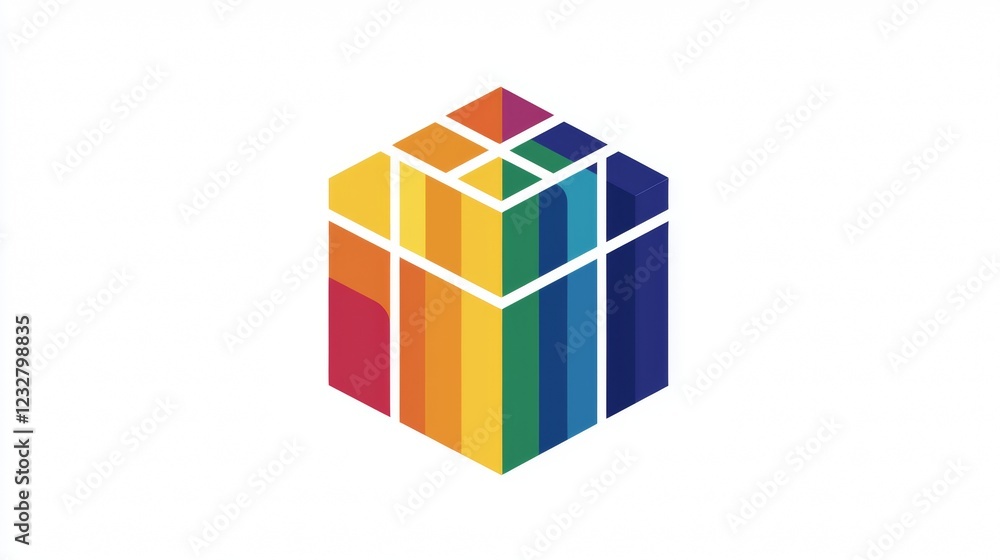 Fototapeta premium Colorful geometric design featuring vivid striped patterns and cube shape on a clean background. Generative AI