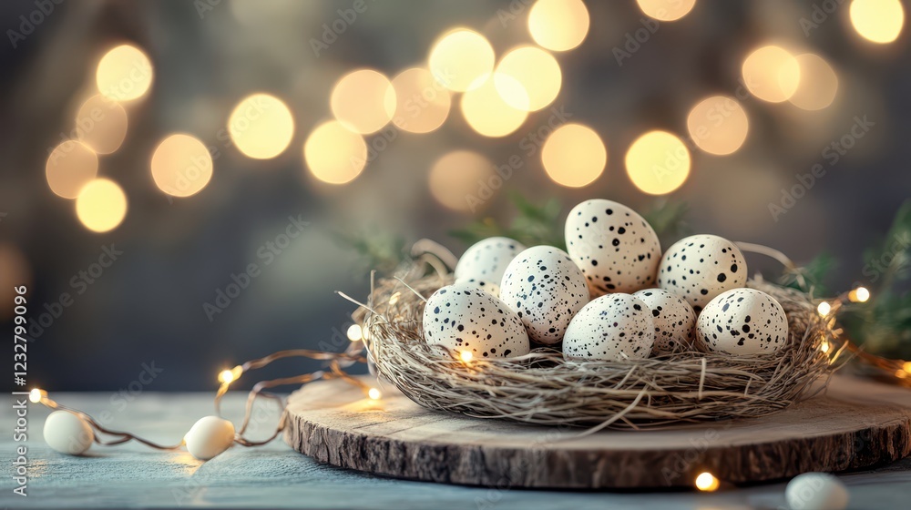 Obraz premium Vibrant Easter Setup with Speckled Eggs Nest Surrounded by Soft Lights and Natural Elements for Festive Spring Celebrations