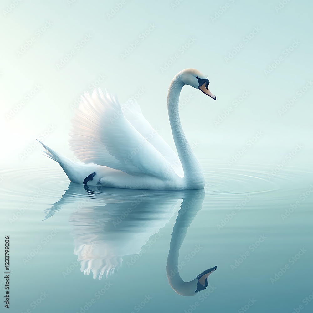 Fototapeta premium White Swan Floating Gracefully on Calm Pond