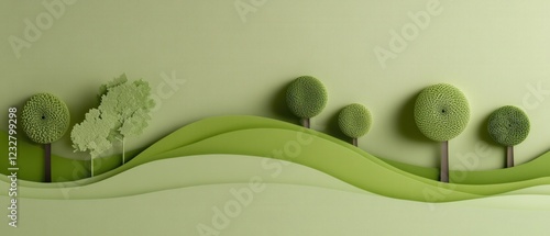 Fototapeta Naklejka Na Ścianę i Meble -  3d rendering of paper cut green landscape with trees and rolling hills, representing sustainability and ecology
