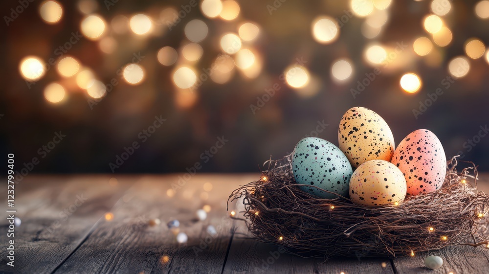 Obraz premium Decorated Wooden Surface with Natural Nest Containing Colorful Easter Eggs Surrounded by Soft Bokeh Lights for a Festive Atmosphere