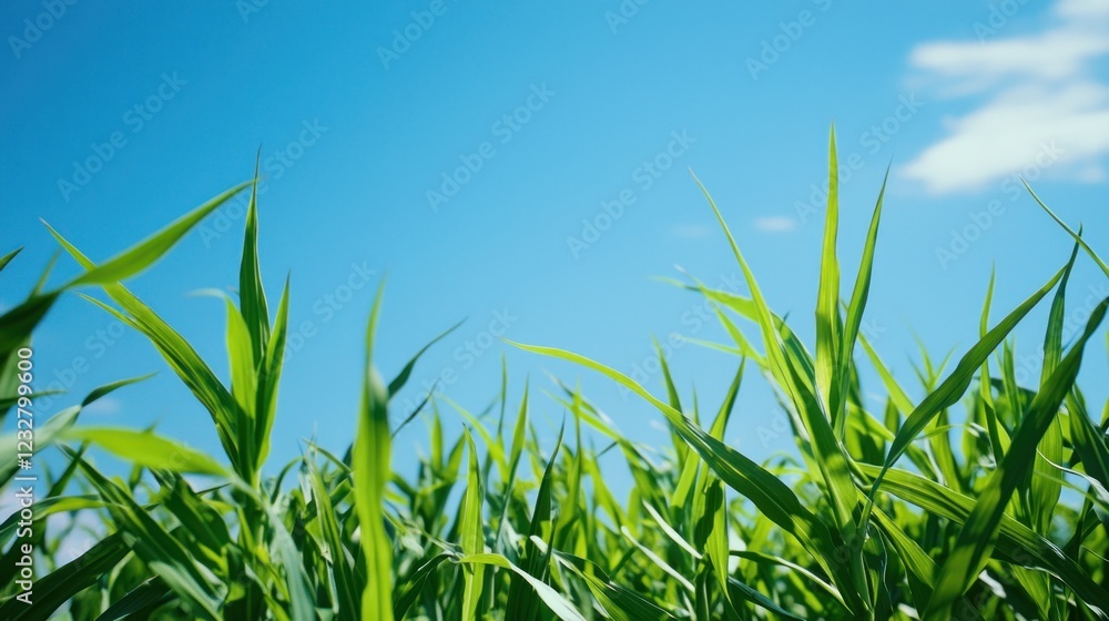 Obraz premium Vibrant Green Grass Blades Against a Clear Blue Sky