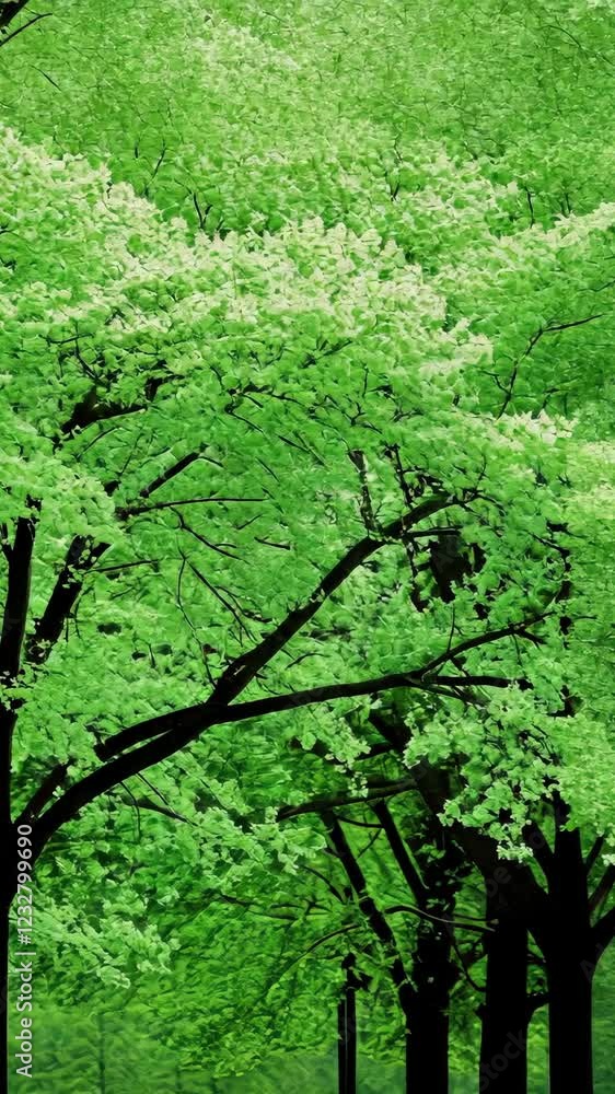 Vibrant green foliage and blossoms fill the landscape in early spring sunshine along a park path Vibrant green foliage and blossoms fill the landscape in early spring sunshine along a park path
