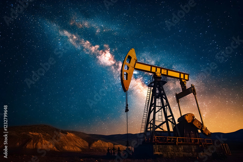 Remote desert oil field under a stunning starry night sky, with the Milky Way glowing vividly above the rugged landscape