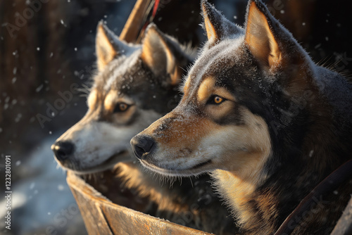 Close-up of Chukchi sled dogs with their fur frosted, standing in front of a traditional wooden sled. photo