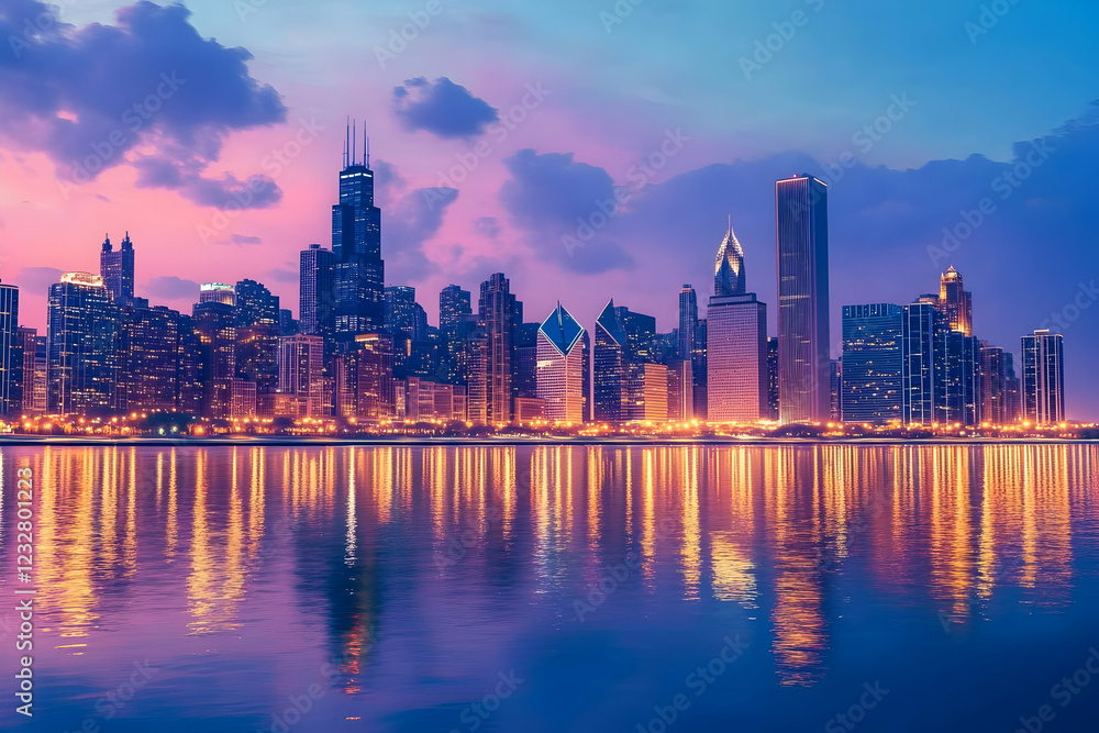 Scenic skyline view of a city at dusk with colorful lights reflecting on the horizon Scenic skyline view of a city at dusk with colorful lights reflecting on the horizon