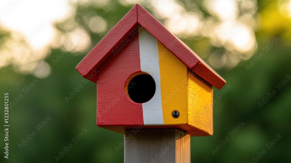 a colorful birdhouse in a green garden a colorful birdhouse in a green garden
