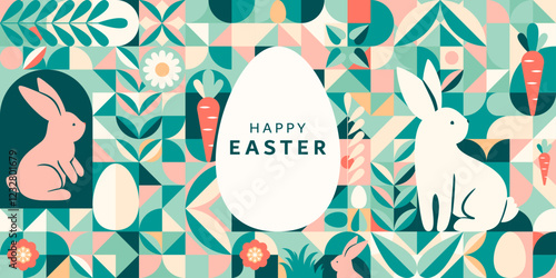 Easter greeting vector background. Modern geometric minimal abstract style with easter bunny, eggs, geometric elements, plants, flowers. Cute spring holiday art for poster, printing, invitation