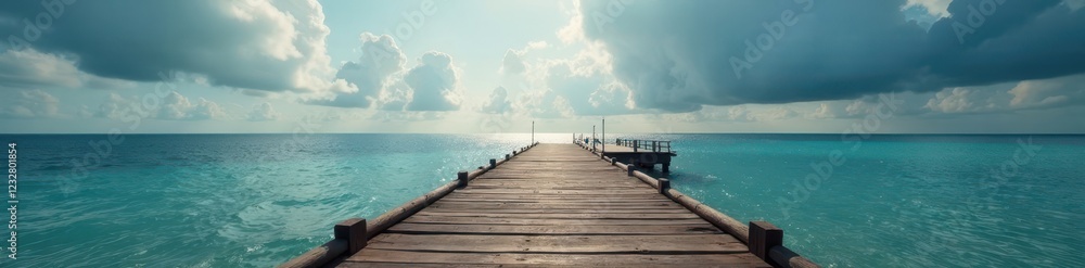 Rustic wooden pier against dramatic cloudy sky and tranquil ocean , sea, water Rustic wooden pier against dramatic cloudy sky and tranquil ocean , sea, water