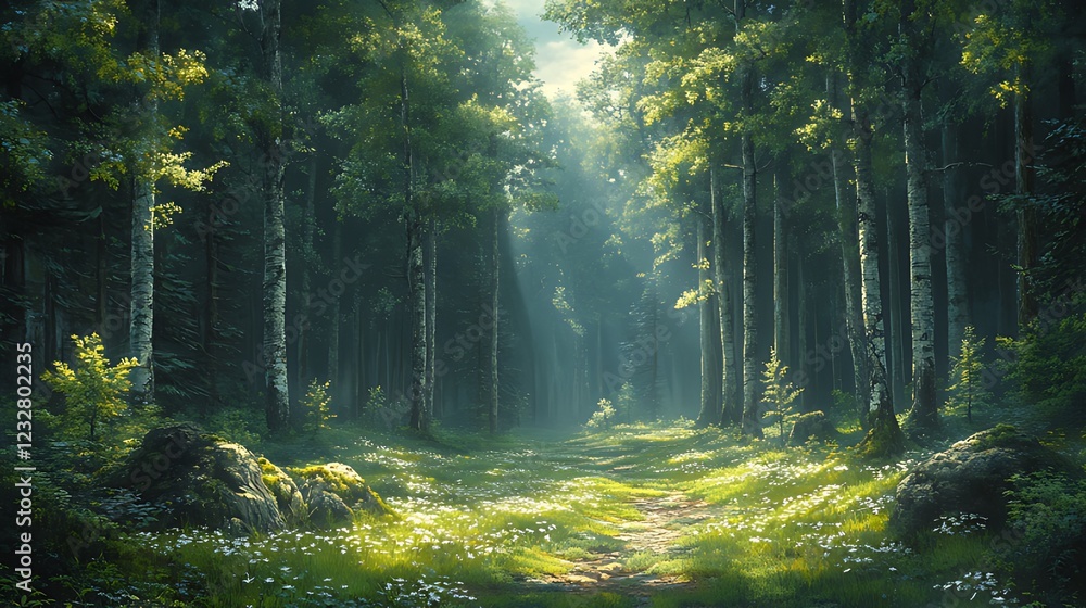 Fototapeta premium Sunlit Forest Path, Morning Mist, Birch Trees, Nature, Spring
