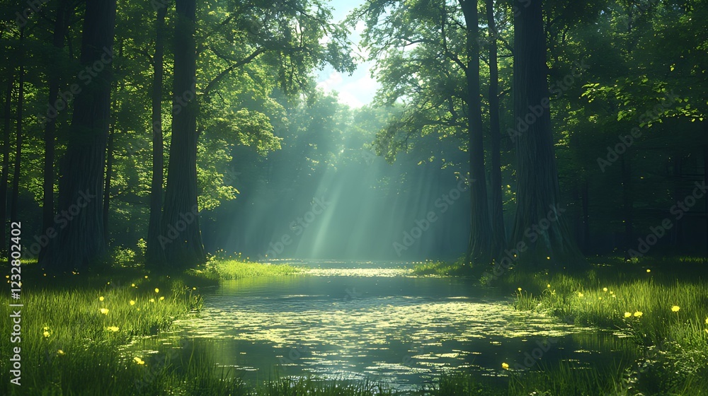 Fototapeta premium Sunbeams illuminate forest stream, fireflies, summer