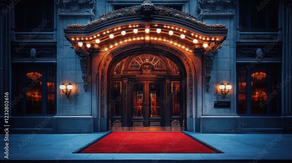 Obraz premium Ornate building entrance with lights and red carpet.