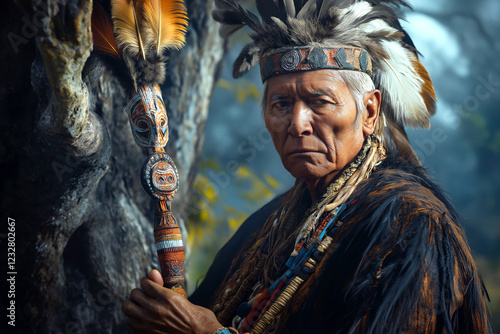 Mansi elder holding a ceremonial staff adorned with feathers and carvings, standing near a sacred tree. photo