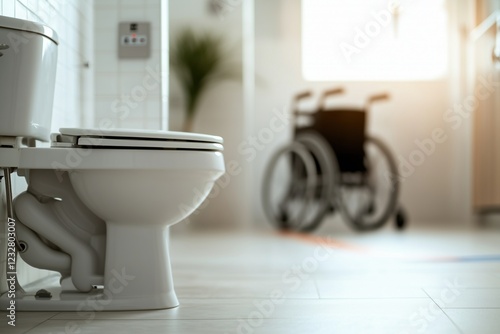 Accessible bathroom with white toilet and wheelchair in soft light