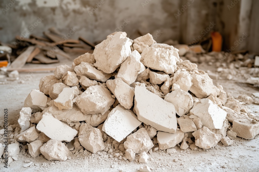 Pile of broken plaster rubble in construction site interior Pile of broken plaster rubble in construction site interior