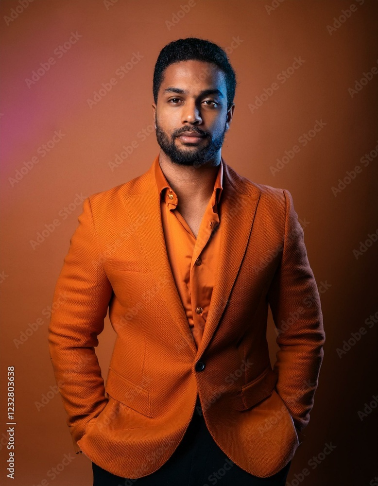 Obraz premium Elegant man in orange suit on monochrome background