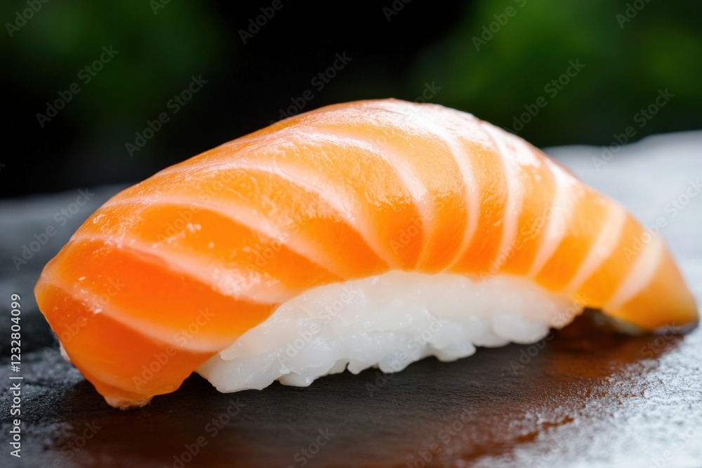 close-up of fresh salmon nigiri sushi on a dark surface close-up of fresh salmon nigiri sushi on a dark surface
