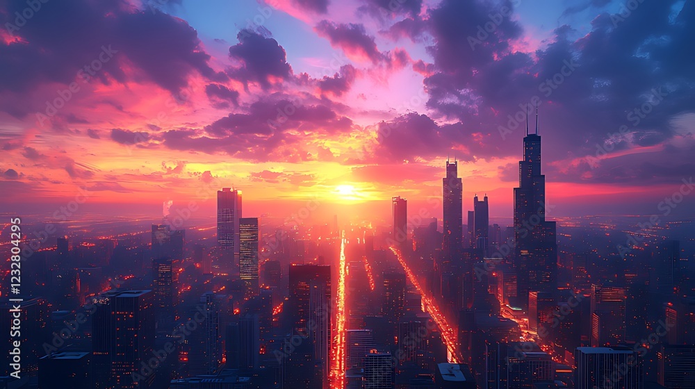 Fototapeta premium Vibrant sunset over cityscape, illuminating avenues, dramatic clouds