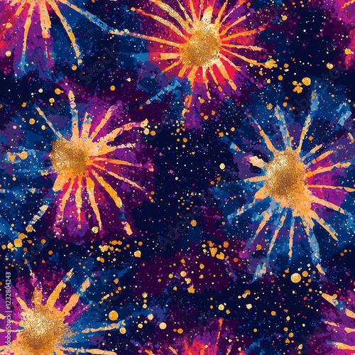 Vibrant watercolor pattern featuring colorful stars on a dark background. photo