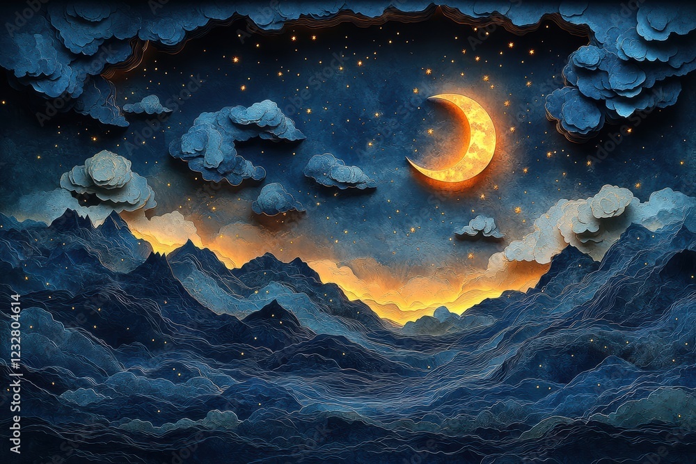Obraz premium Intricate Paper Cutting Design of Celestial Mountains and Moon