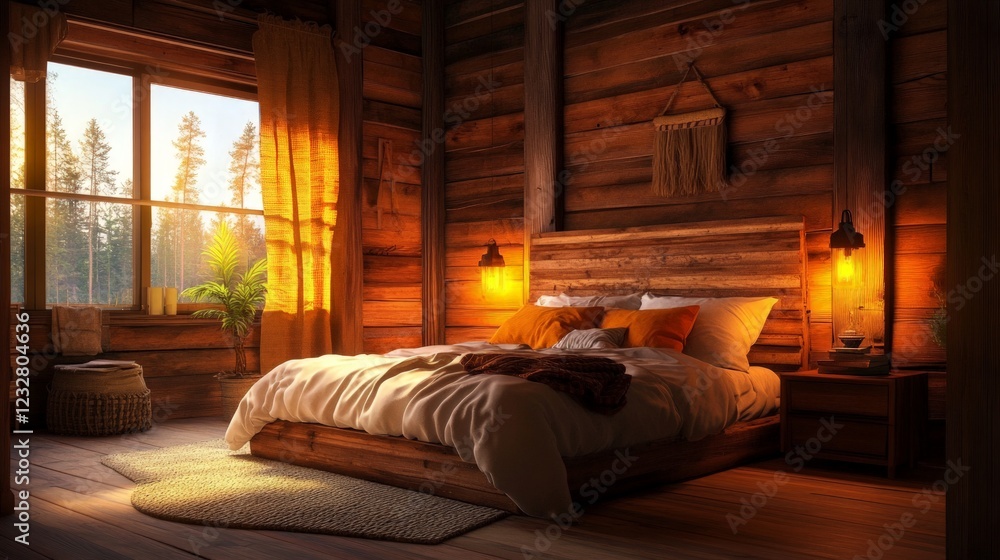 Cozy Rustic Bedroom with Warm Lighting and Wooden Decor Elements Cozy Rustic Bedroom with Warm Lighting and Wooden Decor Elements