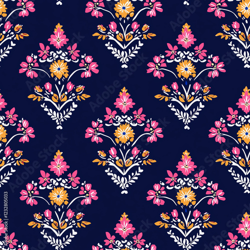 Vibrant floral pattern with colorful flowers on a deep navy background. photo